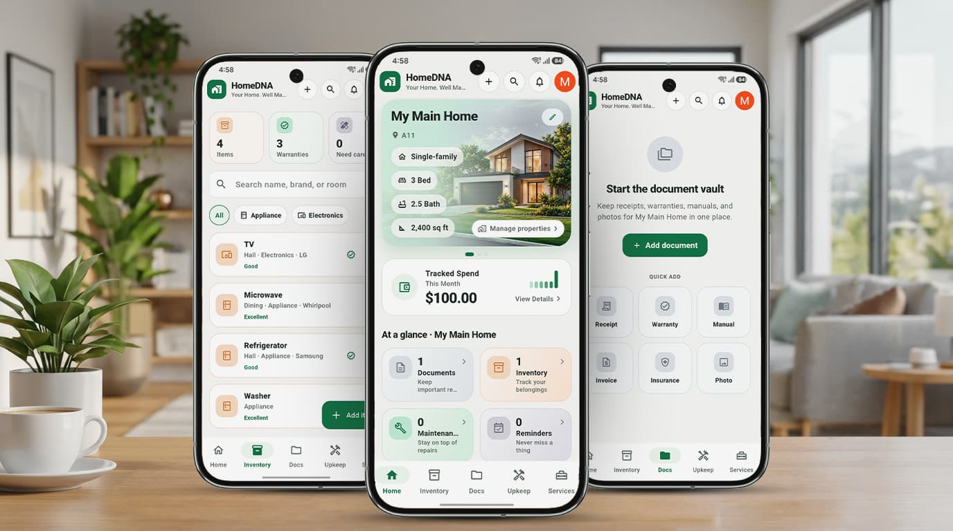 HomeDNA App Interface - Property Dashboard, Upkeep Reminders, Appliances & Documents